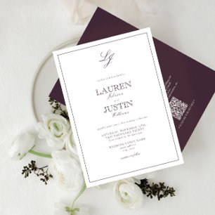 QR Code Classic Plum Purple Monogram Wedding Invitation
