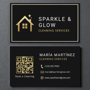 QR Code Cleaning Services Black Gold Minimalist Business Card