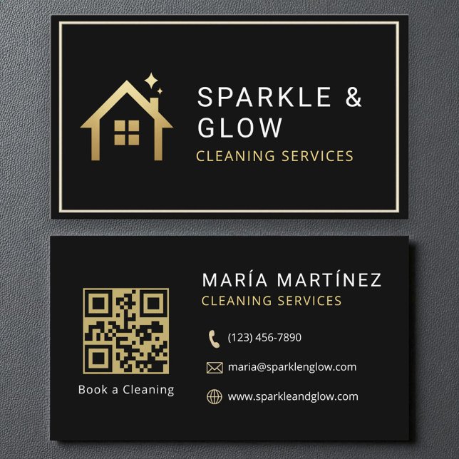 QR Code Cleaning Services Black Gold Minimalist Business Card (Creator Uploaded)