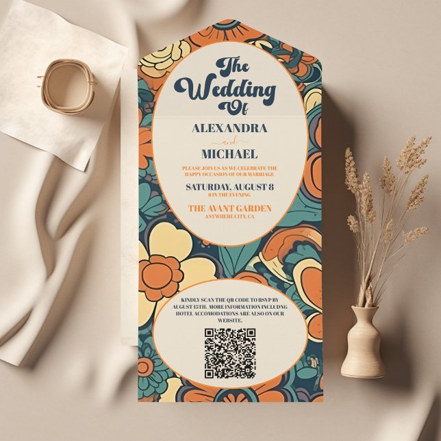 QR Code Colourful Groovy Retro 70s Floral Wedding All In One Invitation (Creator Uploaded)