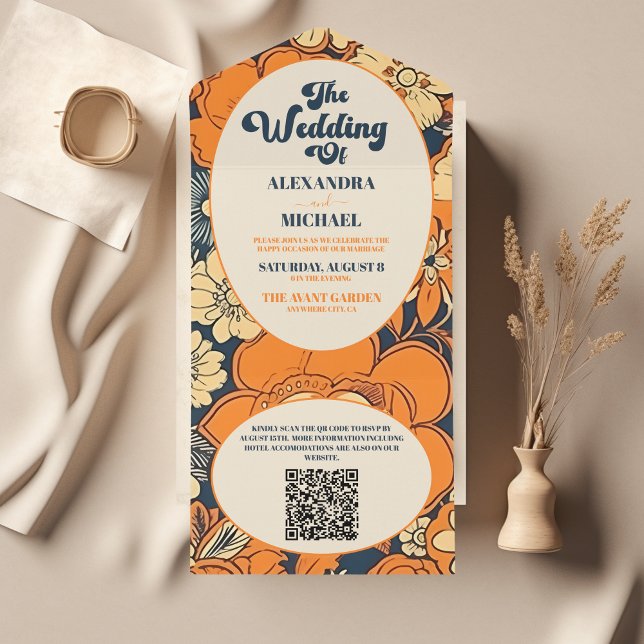 QR Code Colourful Groovy Retro 70s Floral Wedding All In One Invitation (Creator Uploaded)