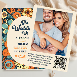 QR Code Colourful  Groovy Retro 70s Floral Wedding Invitation