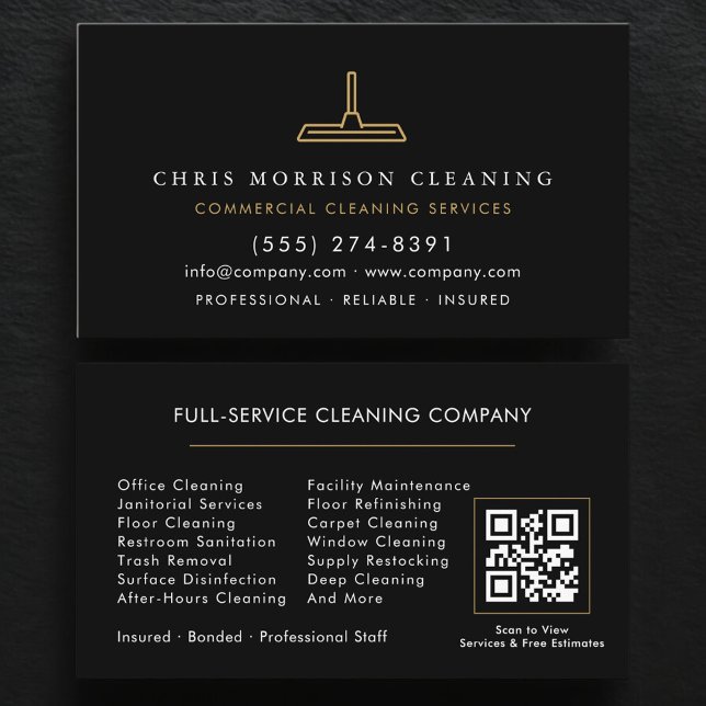 QR Code Commercial Cleaning Black Gold Business Card (Creator Uploaded)