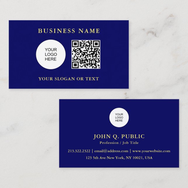 QR Code Company Logo Here Template Navy Blue Business Card (Front/Back)