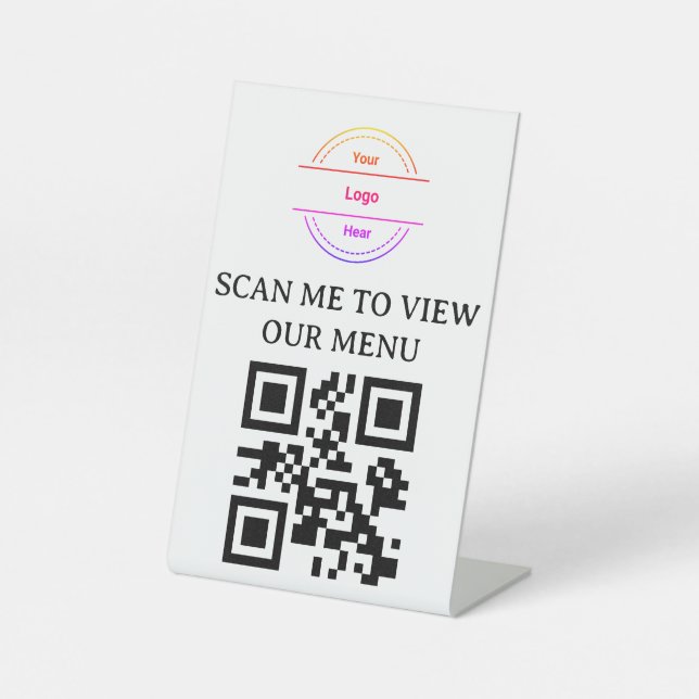 QR Code Contactless Menu Logo White Minimalist Ped Pedestal Sign (Front)