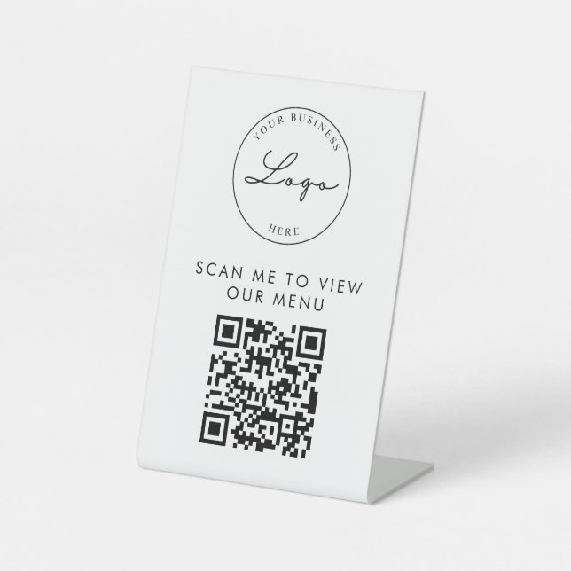 QR Code Contactless Menu Logo White Minimalist Pedestal Sign (Front)