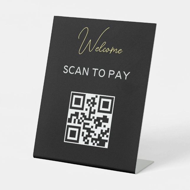 QR Code Contactless Scannable Pay Black White Pedestal Sign (Front)