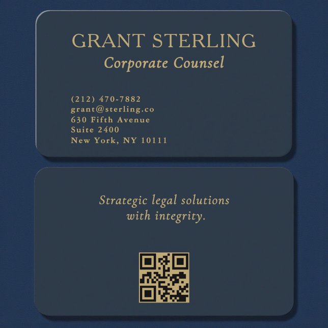 QR Code Corporate Counsel Navy Blue Gold  Business Card (Creator Uploaded)
