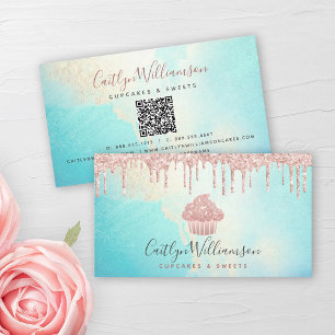 QR Code Cupcake Pink Gold Glitter Blue Watercolor Business Card