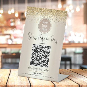 QR Code Custom Logo Gold Glitter Scan Pay Here Pedestal Sign