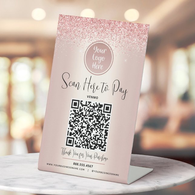 QR Code Custom Logo Pay Here Rose Gold Glitter Pedestal Sign (Creator Uploaded)