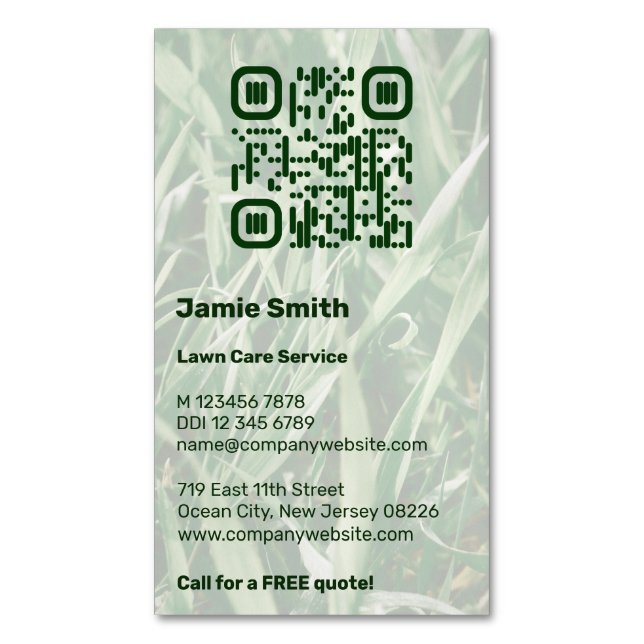 QR Code Custom Photo Green Lawn Care Magnetic Business Card (Front Vertical)