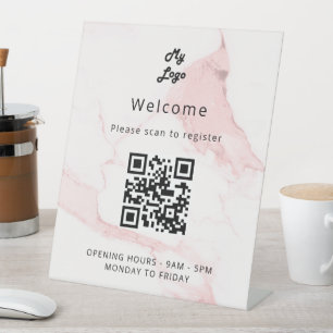 QR code customer registration pink marble welcome  Pedestal Sign