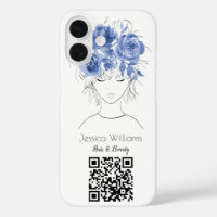 QR code cute girl blue watercolor roses floral