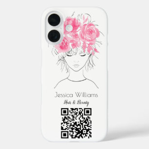 QR code cute girl pink watercolor roses floral iPhone 16 Case