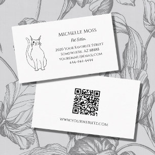 QR code Cute Winking Cat Pet Sitter Black White Business Card