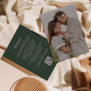QR Code Dark Green Budget Monogram Overlay Wedding Invitation