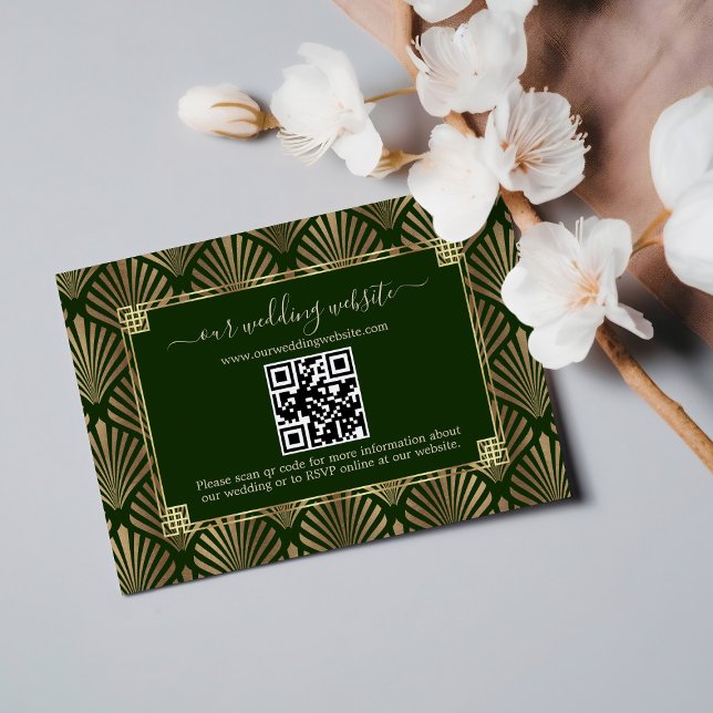 QR Code Dark Green Gold Art Deco Wedding RSVP Card (Creator Uploaded)