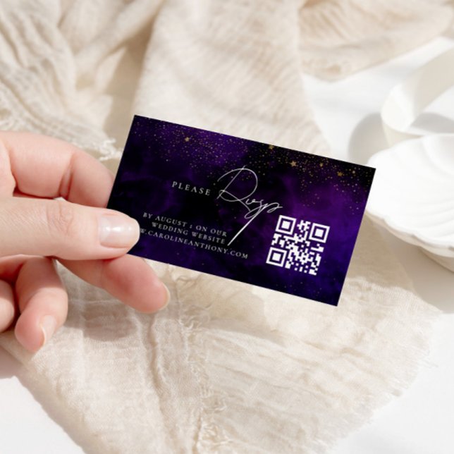 Qr Code Dark Purple Magical Gold Wedding RVSP Enclosure Card (Creator Uploaded)