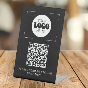 QR code digital menu custom logo black tabletop Pedestal Sign