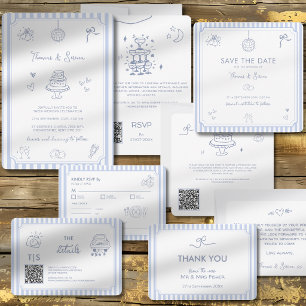 QR Code Doodle Hand Drawn French Blue Wedding Invitation