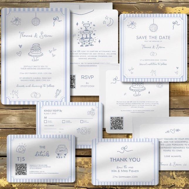 QR Code Doodle Hand Drawn French Blue Wedding Invitation (Creator Uploaded)