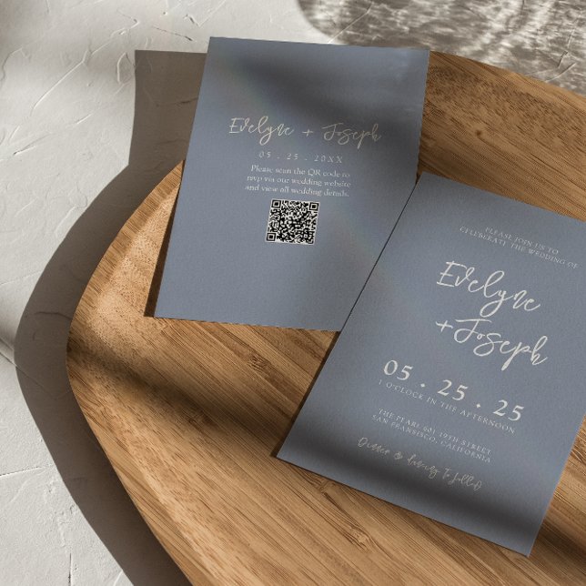 QR Code Dusty Blue Boho Chic Modern Wedding Invitation (Creator Uploaded)