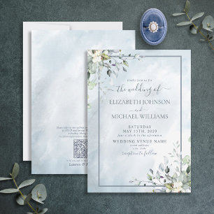 QR Code Dusty Blue Botanical Greenery Watercolor Invitation