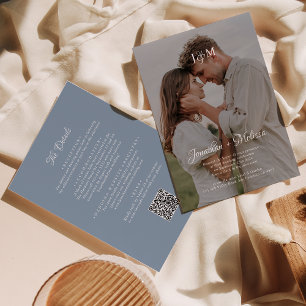 QR Code Dusty Blue Budget Monogram Overlay Wedding Invitation