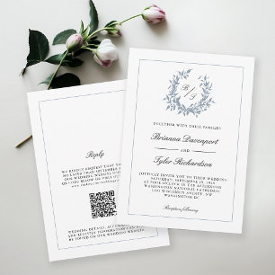 QR Code Dusty Blue Crest Monogram Wedding Invitation