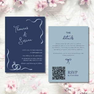 QR Code Dusty Navy Blue Wavy Hand Drawn Rings Invitation