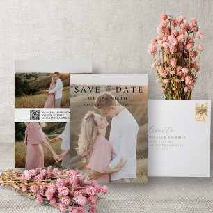QR Code Elegant 3 Photo Wedding Minimalist Script Save The Date