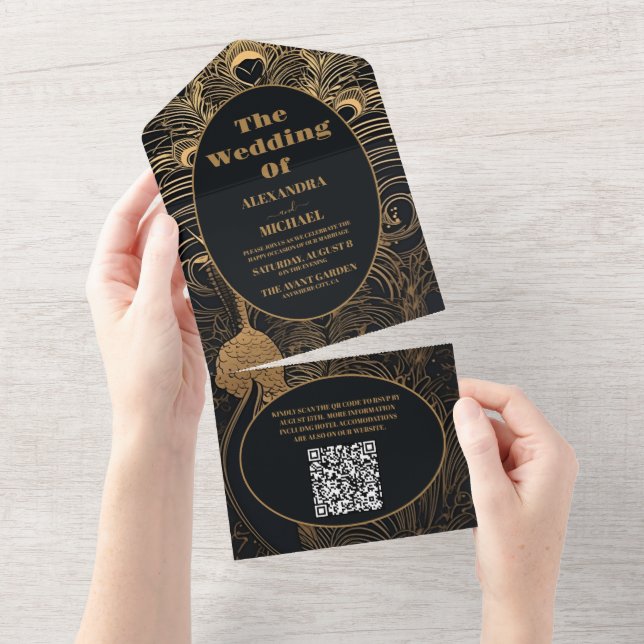 QR Code Elegant Art Deco Peacocks Wedding All In One Invitation (Tearaway)