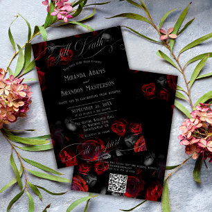 QR Code Elegant Black and Red Floral Wedding Invitation