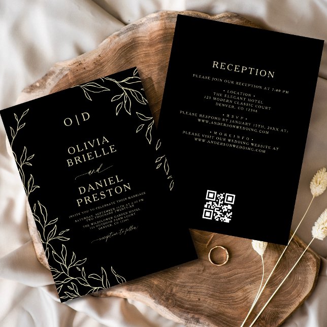 QR Code Elegant Black Gold Monogram Wedding Invitation (Creator Uploaded)