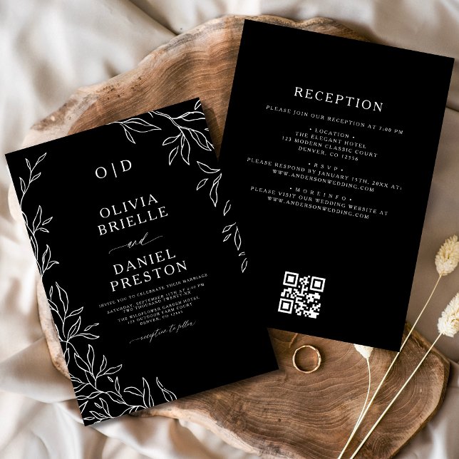 QR Code Elegant Black White Monogram Wedding Invitation (Creator Uploaded)