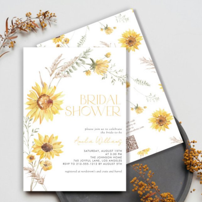 QR Code Elegant Boho Sunflower Bridal Shower Invitation (Creator Uploaded)