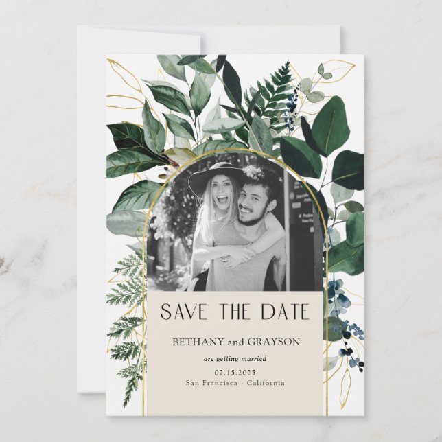 QR code Elegant botanical Greenery Wedding photo Save The Date (Front)
