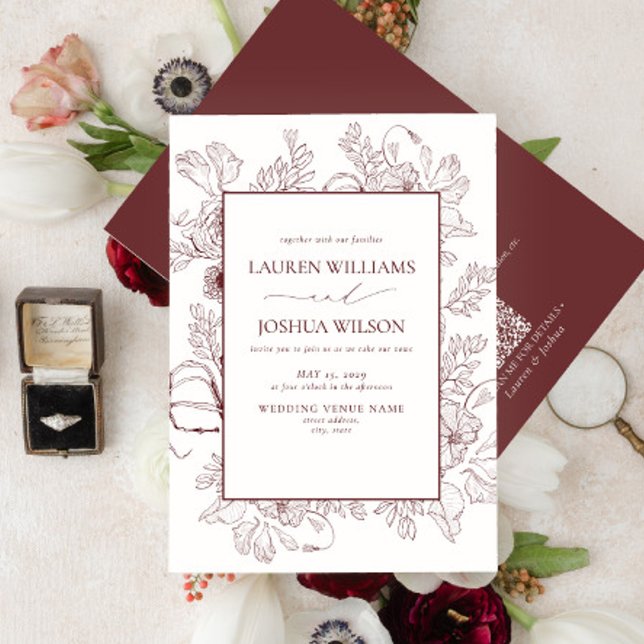 QR Code Elegant Burgundy Floral Line Art Wedding Invitation (Creator Uploaded)