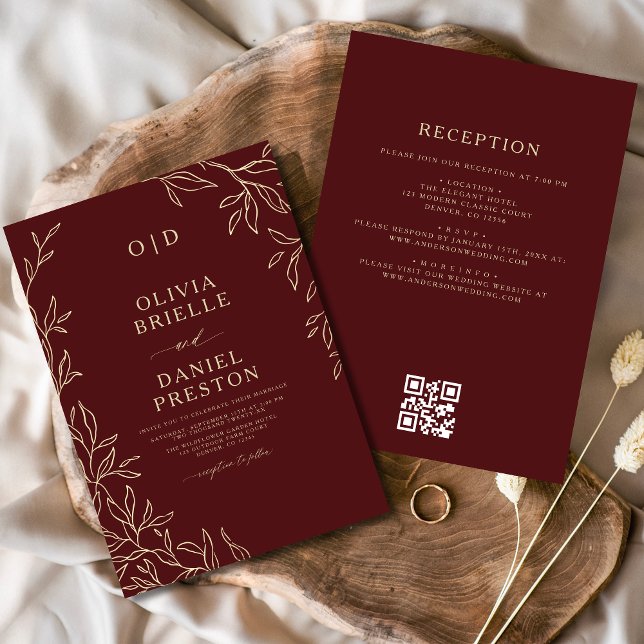 QR Code Elegant Burgundy Gold Monogram Wedding Invitation (Creator Uploaded)
