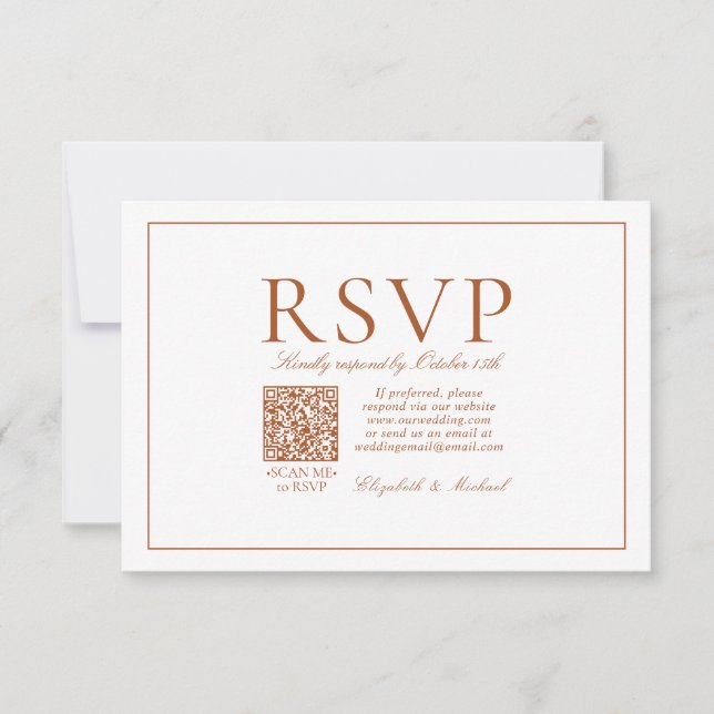 QR Code Elegant Burnt Orange Classic Script RSVP Card (Front)