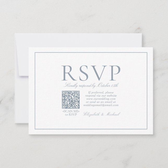 QR Code Elegant Dusty Blue Classic Script RSVP Card (Front)