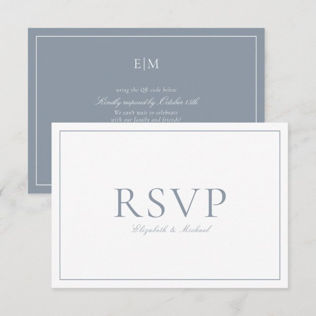 QR Code Elegant Dusty Blue Monogram Wedding RSVP (Front/Back)