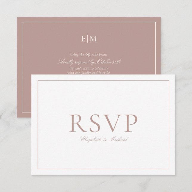 QR Code Elegant Dusty Rose Monogram Wedding RSVP Card (Front/Back)
