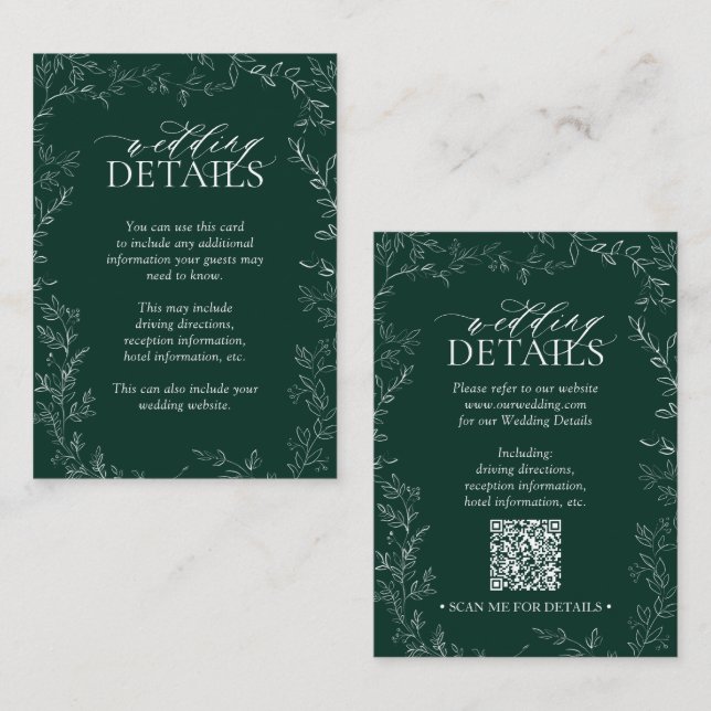QR Code Elegant Emerald Green Leaf Wedding Details Enclosure Card (Front/Back)