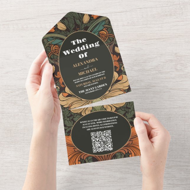 QR Code Elegant Floral Art Nouveau Wedding All In One Invitation (Tearaway)