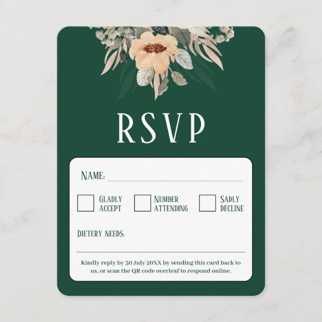 QR Code elegant floral dark green  RSVP Card (Front)