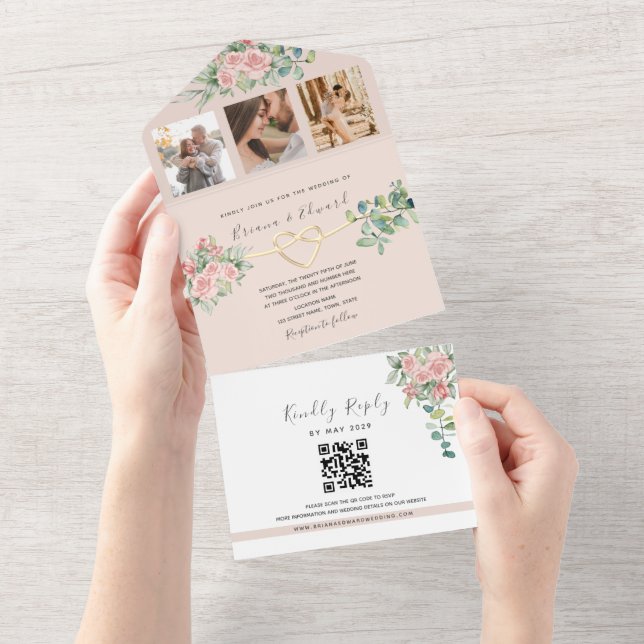 QR Code Elegant Floral Photo Wedding All In One Invitation (Tearaway)
