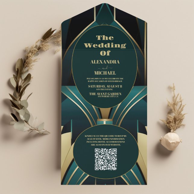 QR Code Elegant Green and Gold Art Deco Wedding  All In One Invitation (Creator Uploaded)