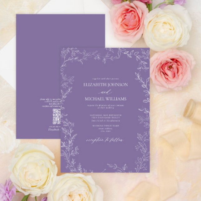 QR Code Elegant Lavender Minimal Leaf Wedding Invitation (Creator Uploaded)